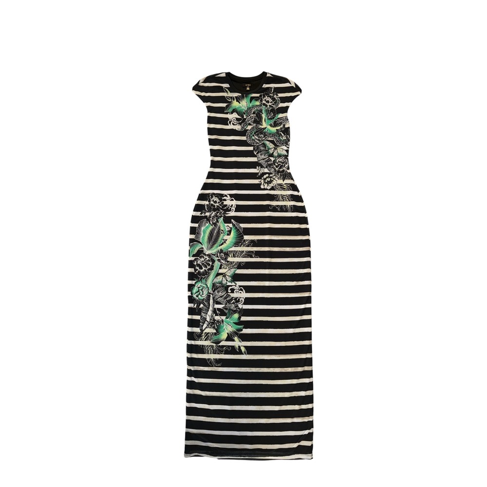 AFRM Maxi Dress Women Small Black White Striped Floral Snake Bodycon Mesh